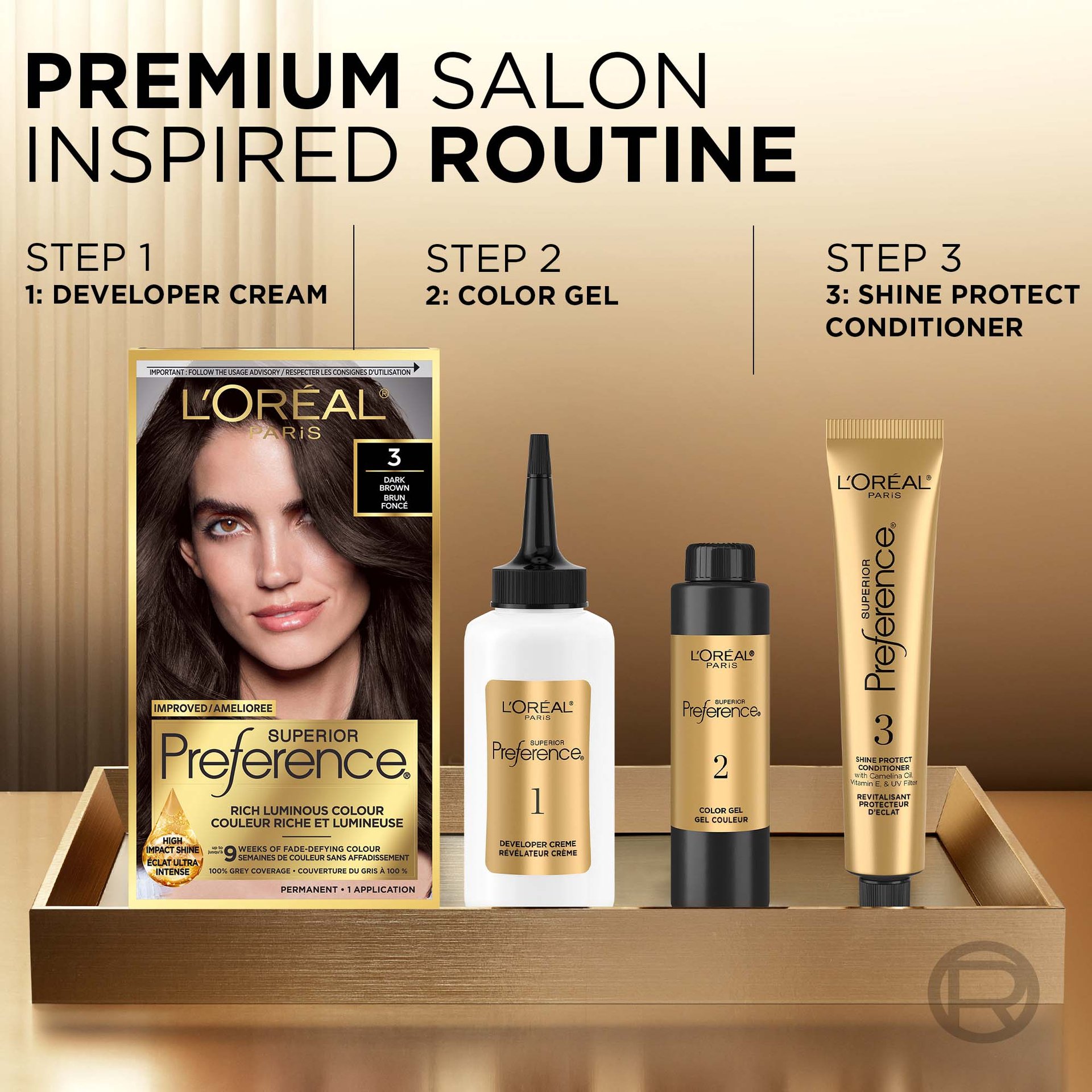 The hair  dye includes a developer cream, a color gel and a shine protect conditionner